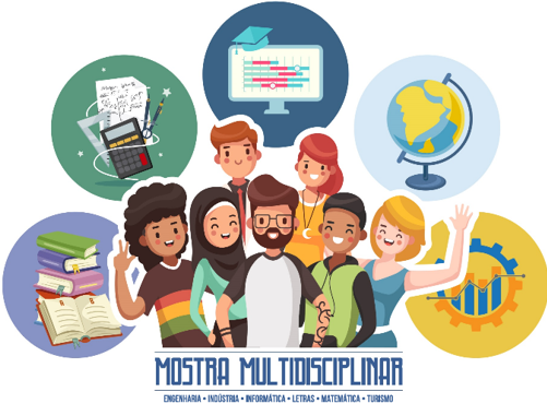 A imagem apresenta pessoas representando estudantes afeitos a diversas tecnologias, de ambos os sexo e de diferentes etnias e religiões